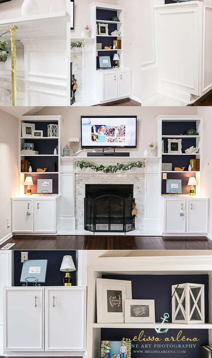 marble tile surround fireplace, bookcase builtins with wainscoting trim