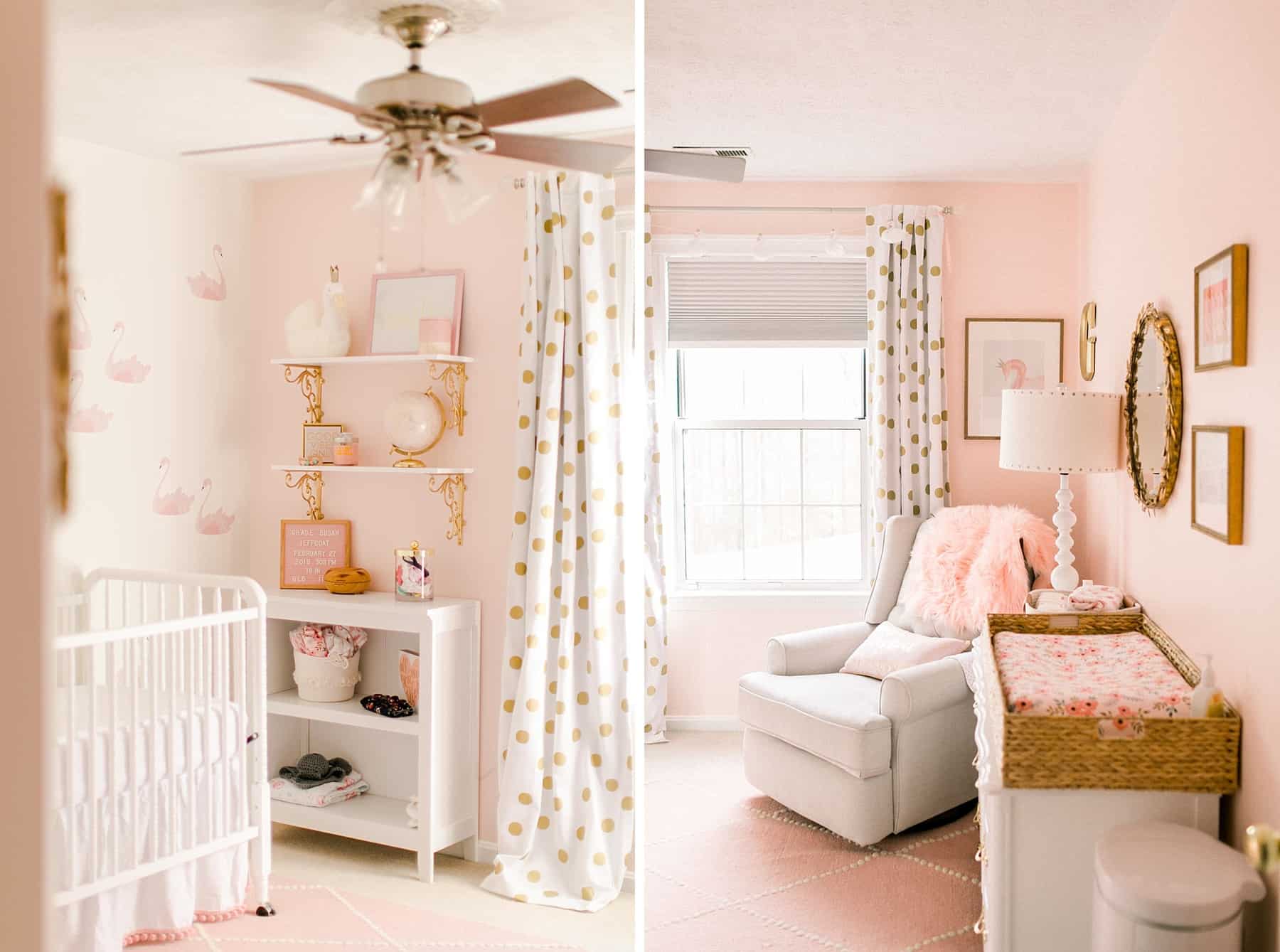 nursery with pink walls, gold and white curtains, pink rug and swan accents