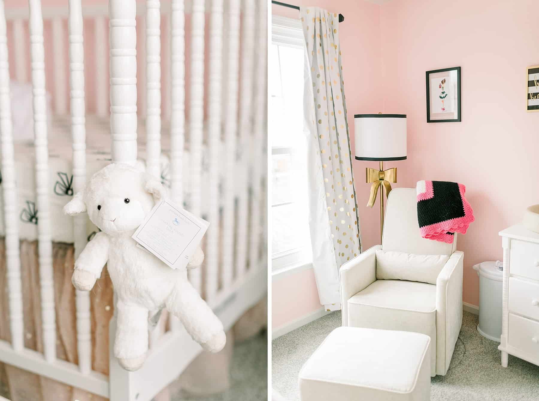 Lamb stuffed animal hanging off crib in Pink & Gold Kate Spade Inspired Nursery