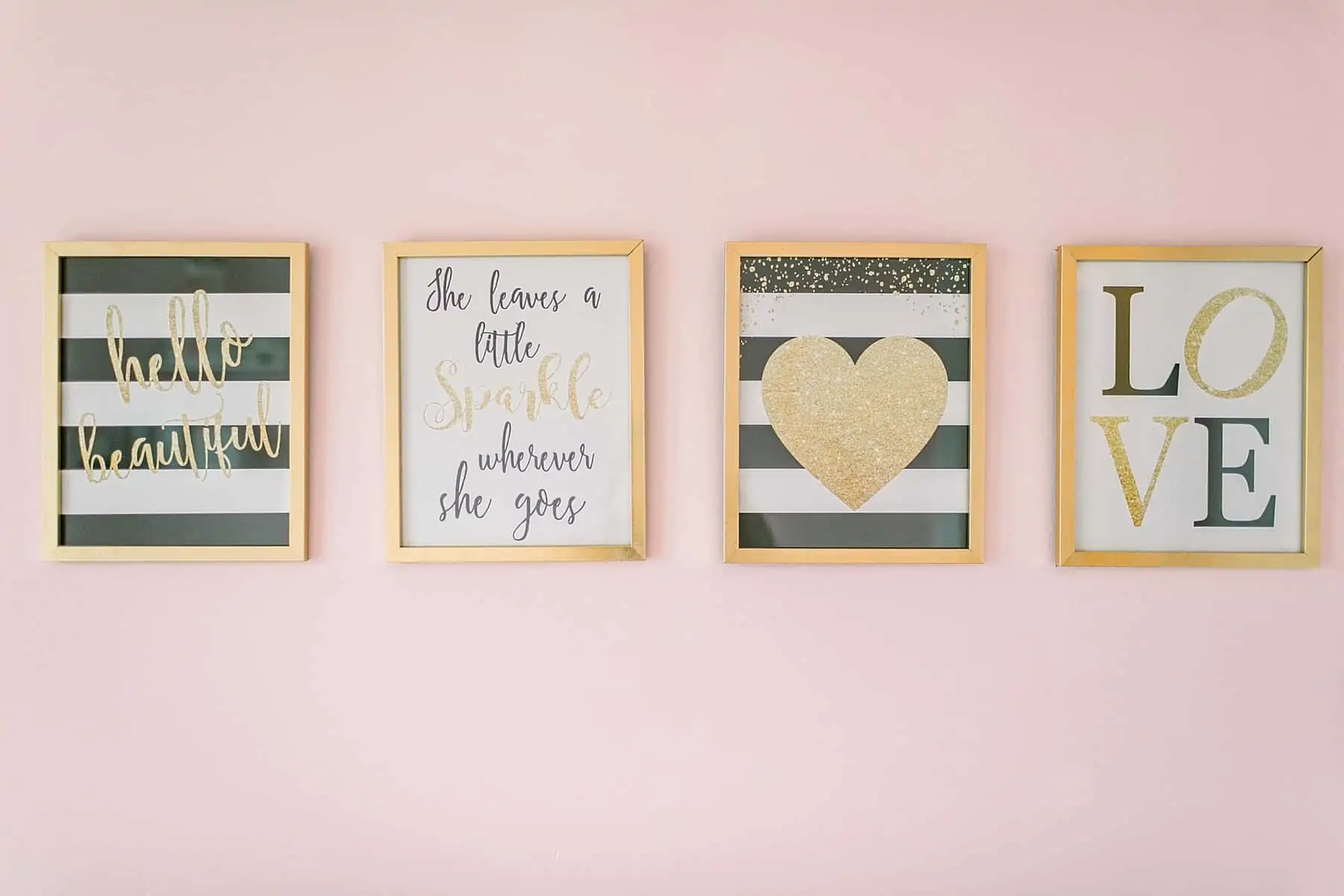 Black and white and gold prints on wall in Pink & Gold Kate Spade Inspired Nursery