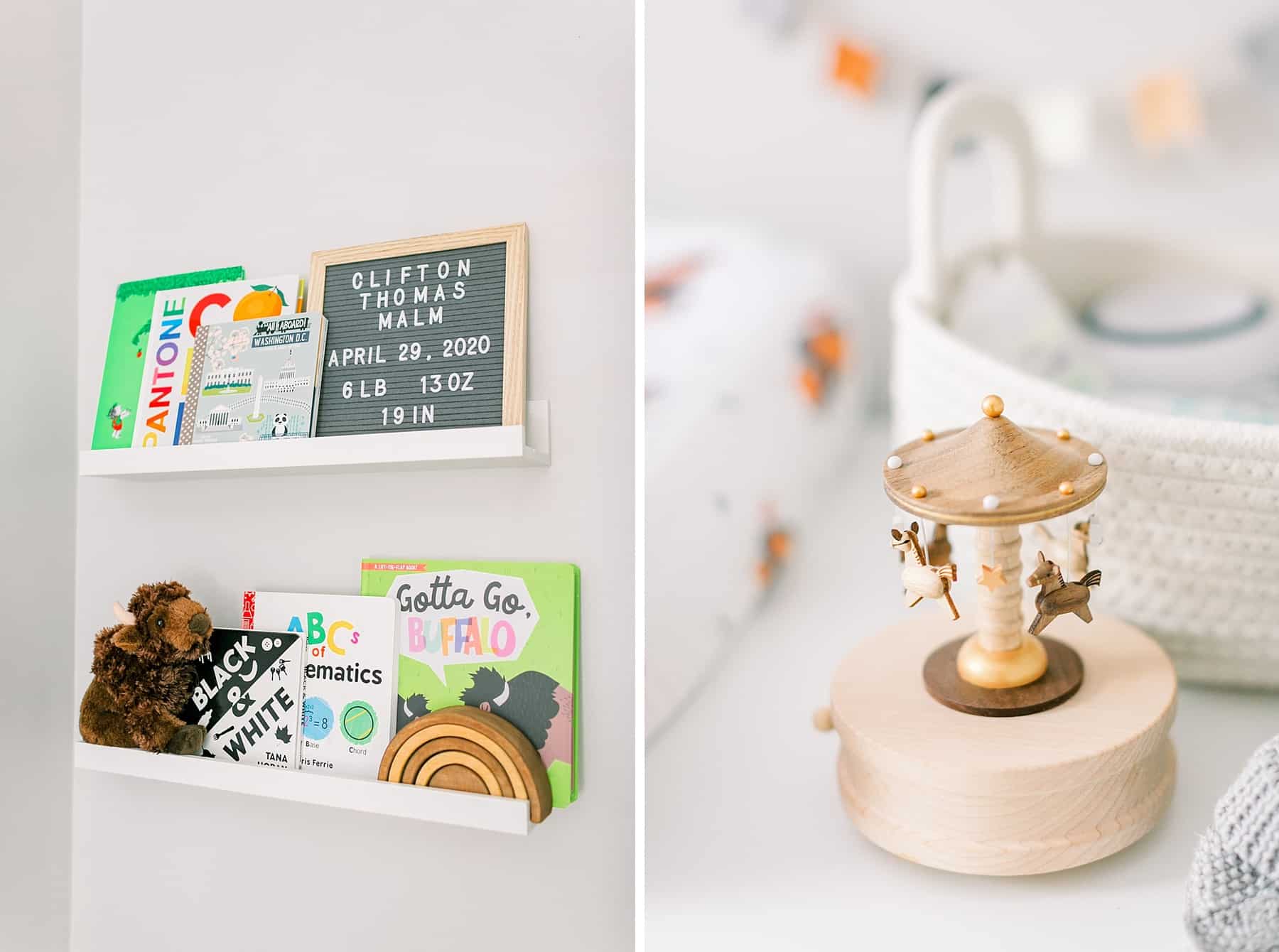 Books, baby announcement letterboard and small wood carousel in a Bison & Buffalo Inspired Nursery