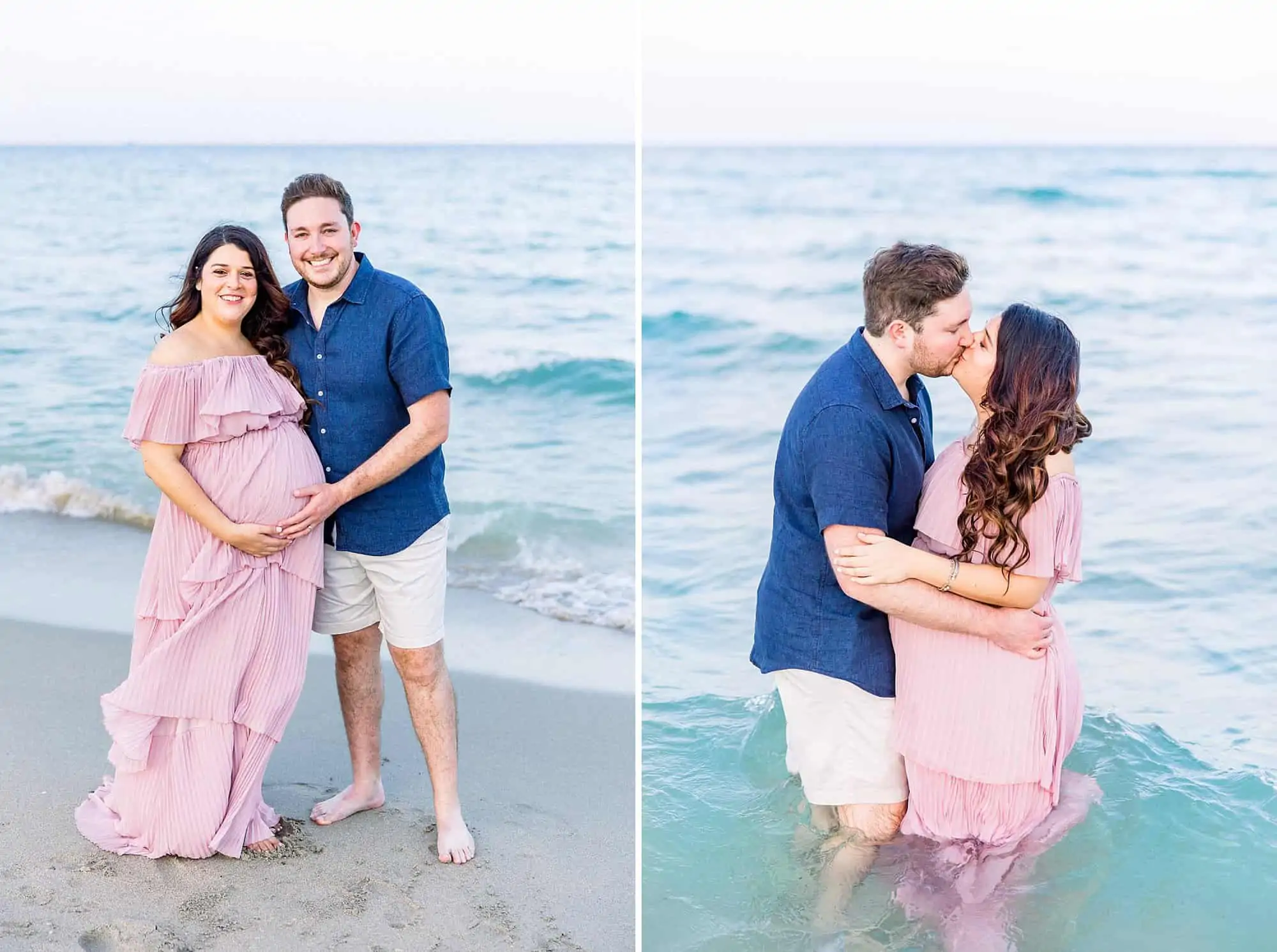 Pregnant couple kissing in atlantic ocean near Miami in South Florida