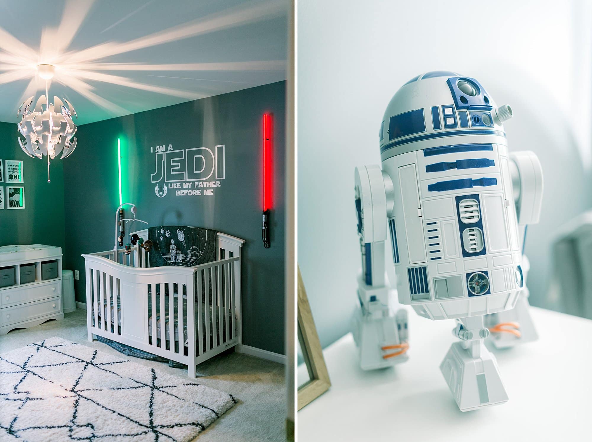 Star wars nursery - r2d2 model on dresser, green and red lightsabers lit up on wall over white crib in gray room