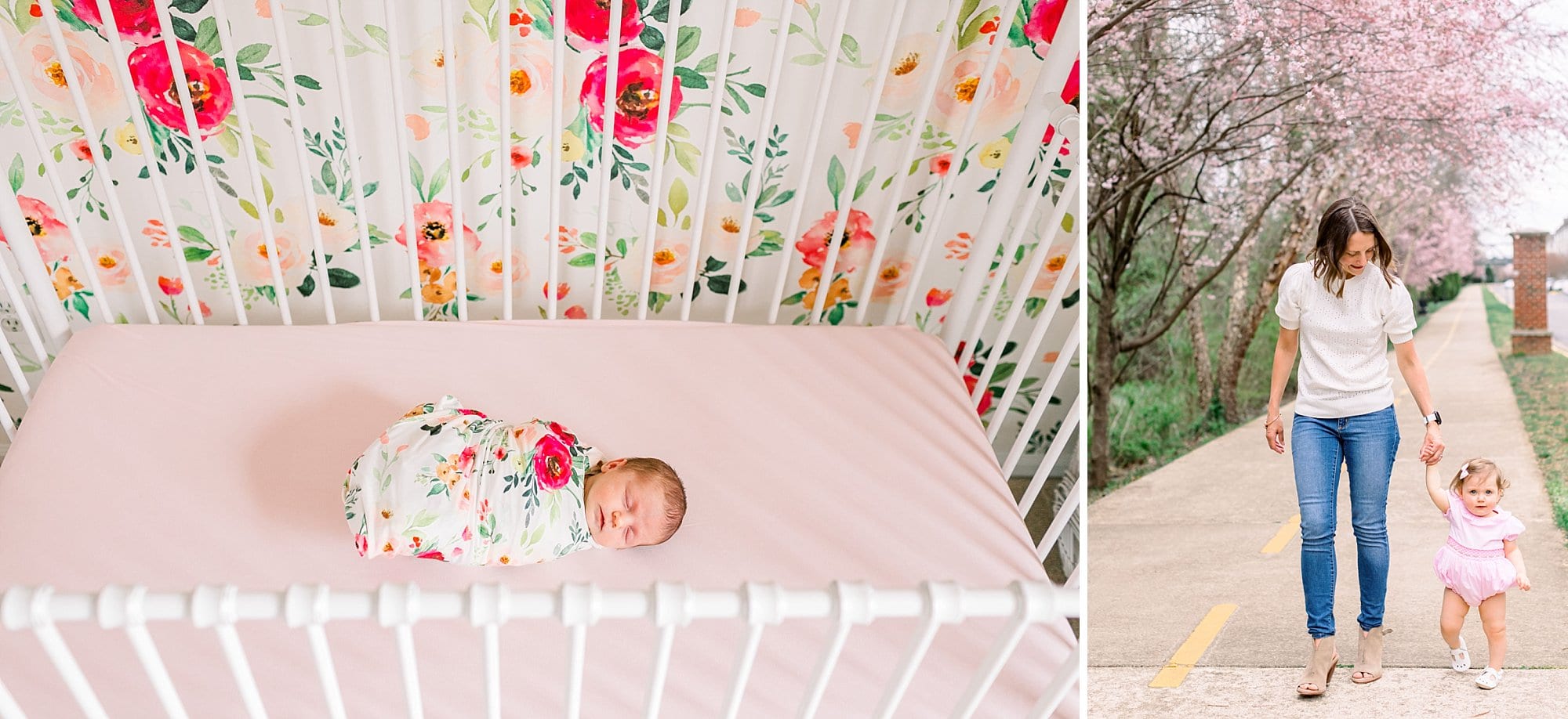 Newborn baby girl in floral swaddle laying in crib and then 1 year later walking with mom in front of cherry blossom trees