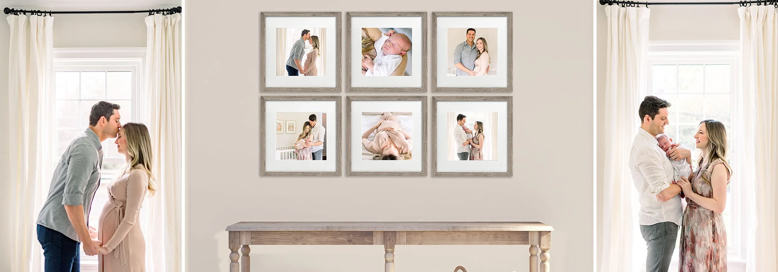 Example of wall gallery of newborn and maternity session in Charlottesville va