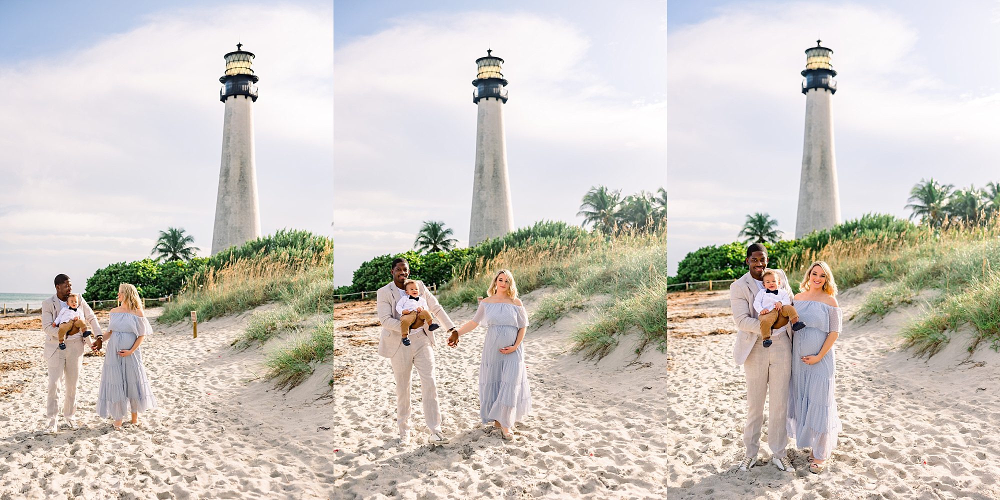 Family portraits at the beach with lighthouse in Miami