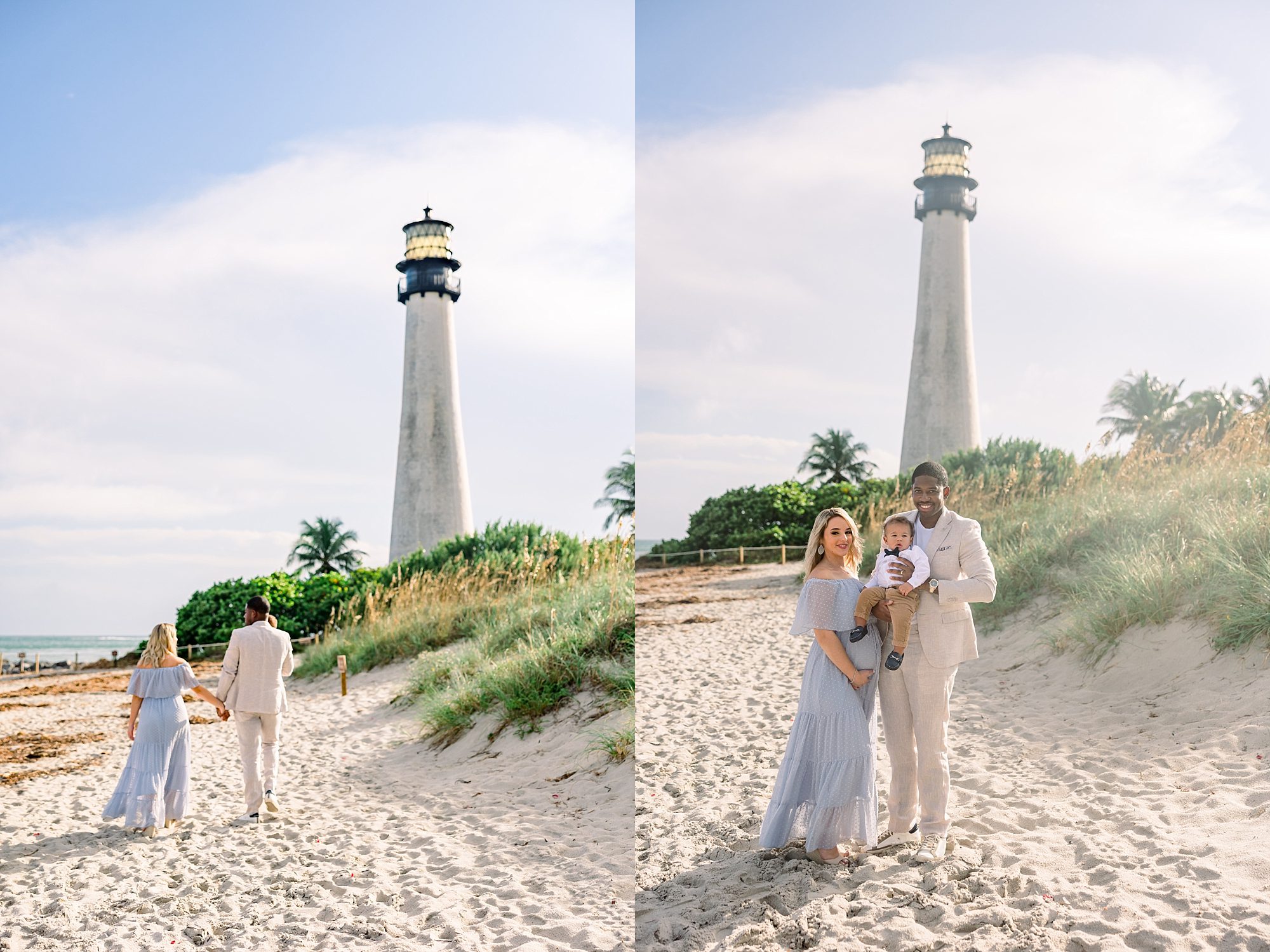 Family portraits at the beach with lighthouse in Miami