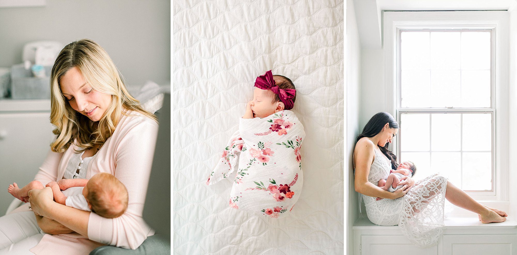 Three side-by-side images by Charlottesville newborn photographer Melissa Arlena: a mother holding her newborn baby, a swaddled newborn girl lying in her crib, and a mother holding her newborn while sitting on a window bench during an in-home lifestyle session