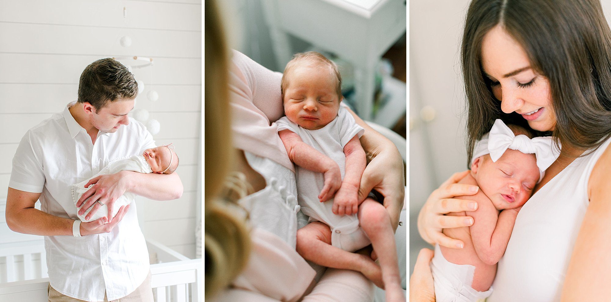 Three side-by-side images: a father holding his newborn baby, a newborn cradled in the mother’s arms, and a mother gently holding her newborn, all captured during an in-home lifestyle session