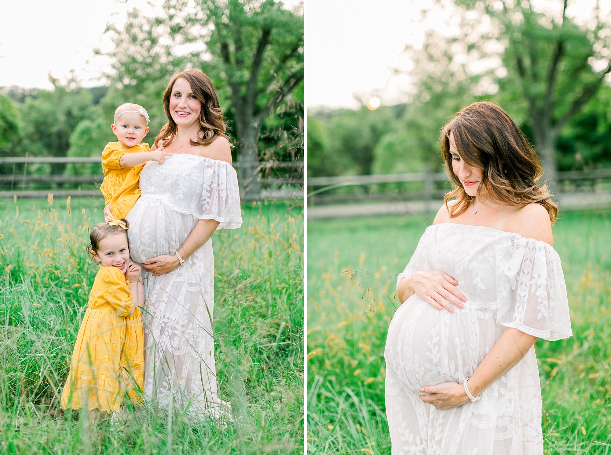 Outdoor summer maternity session in VA with mom in lace white dress