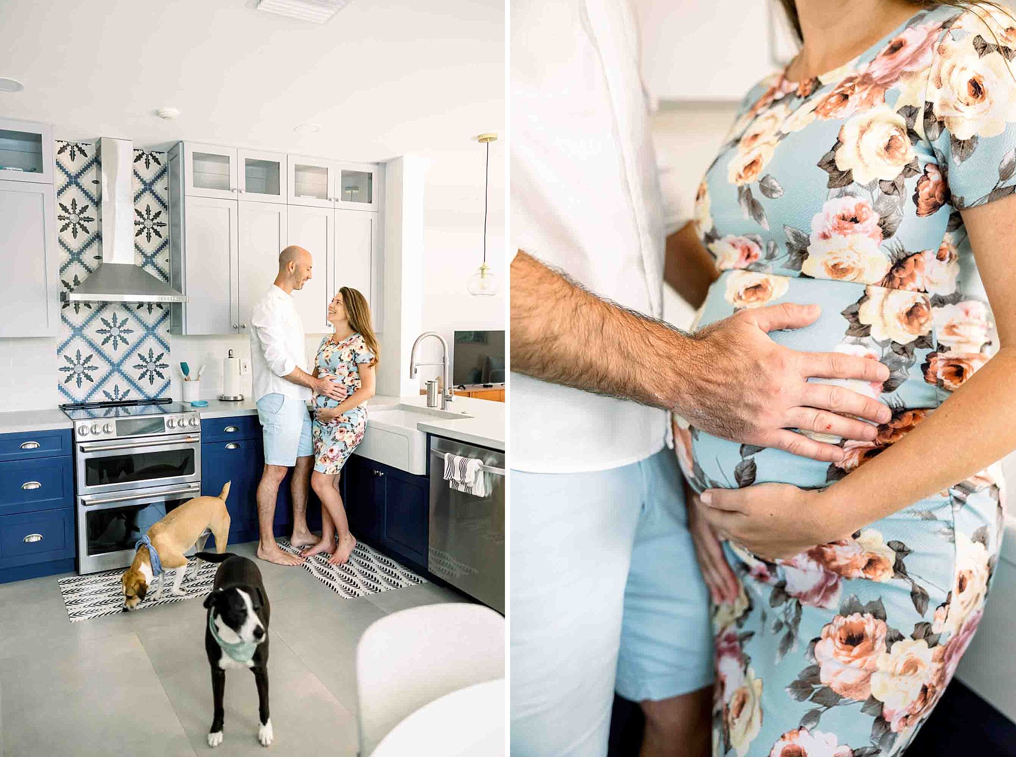 Indoor maternity session with mom wearing floral blue dress