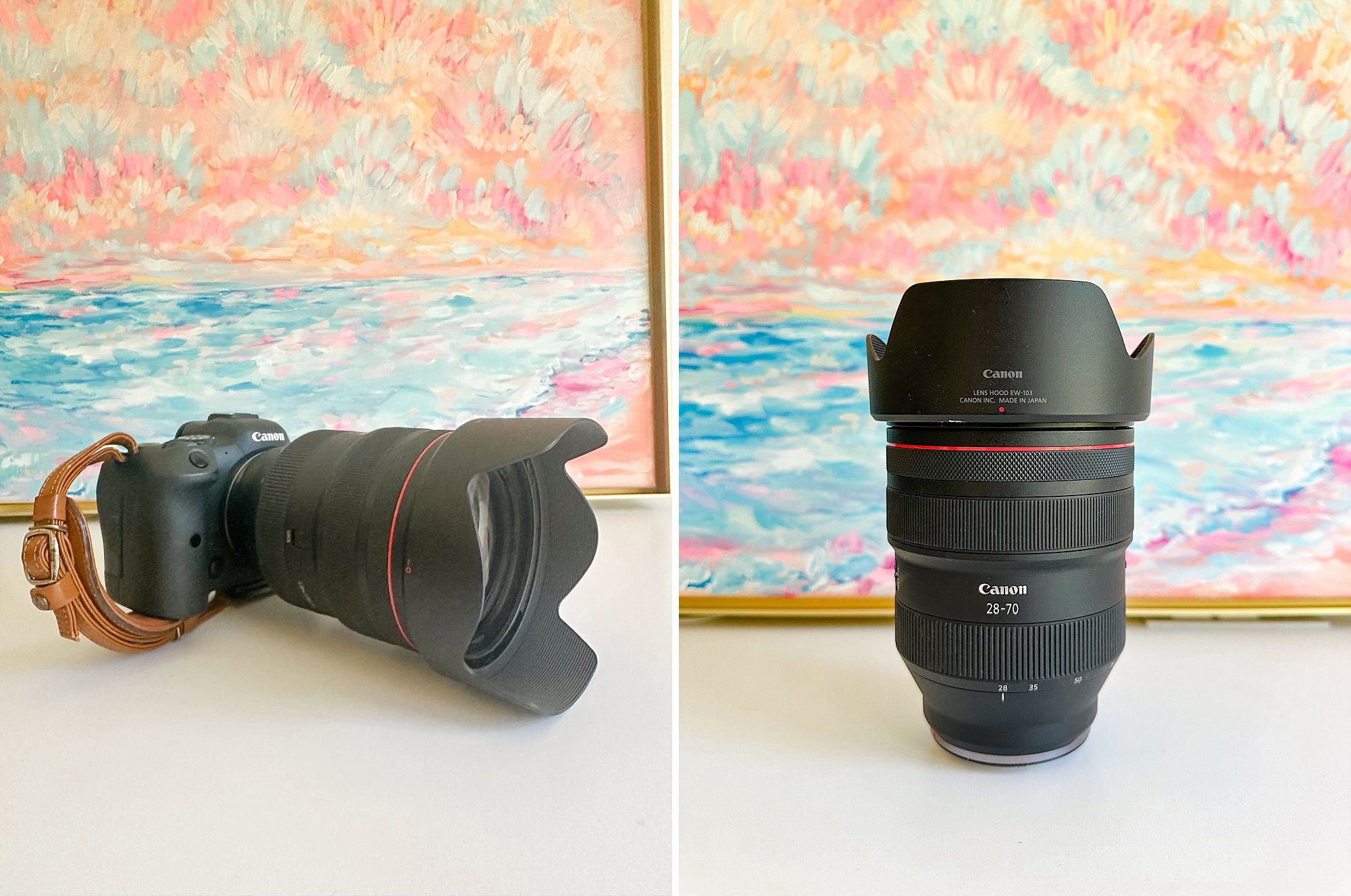 an image of canon lens 28-70 lens connected to the camera and the lens alone vertical.