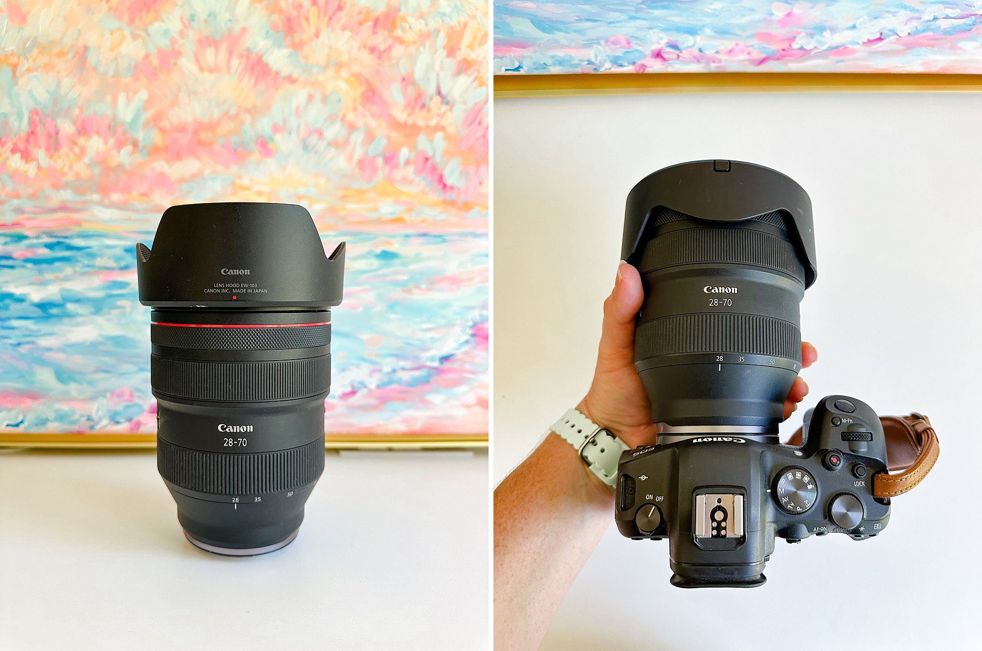 image of the canon 28-70 lens by itself and another image of the lens on the camera