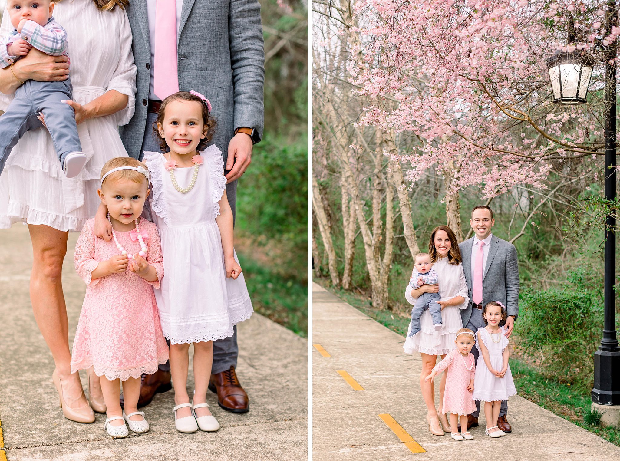 Spring Family Photo Outfits: A Complete Style Guide 5 Family in coordinated pink spring family photo outfits with mother and two daughters wearing white and pink dresses under cherry blossoms