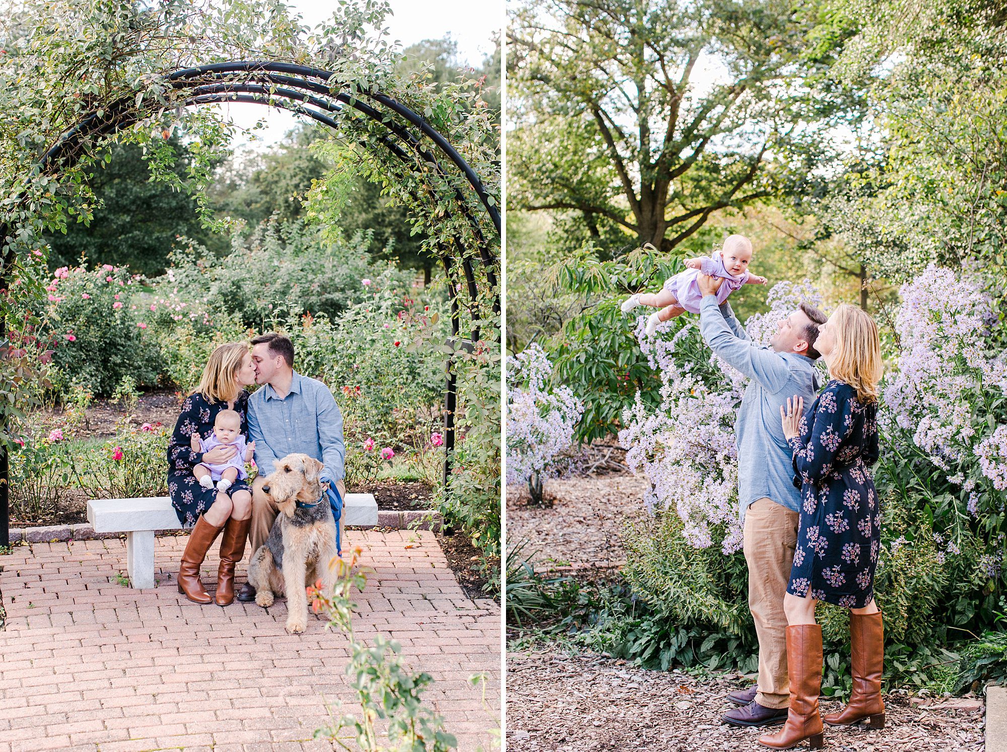 Spring Family Photo Outfits: A Complete Style Guide 7 Parents with baby wearing coordinated spring colors for family photos in flowering garden