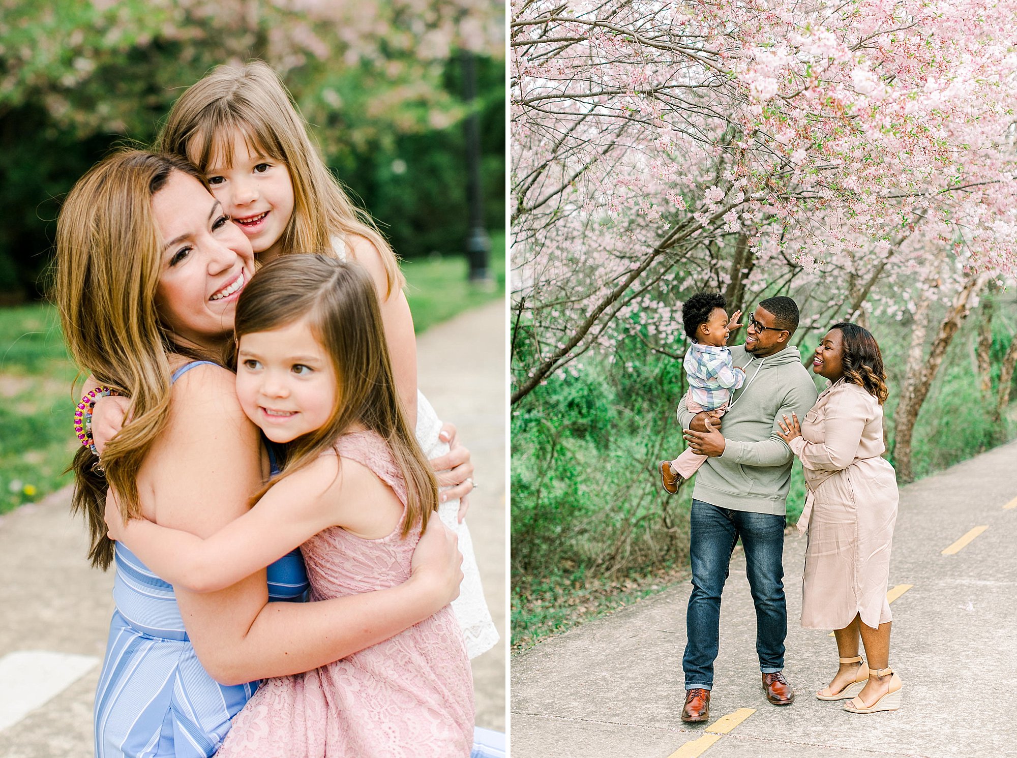 Spring Family Photo Outfits: A Complete Style Guide 8 Mother embracing two children wearing pastel family photo outfits and black family smiling under pink cherry blossom trees