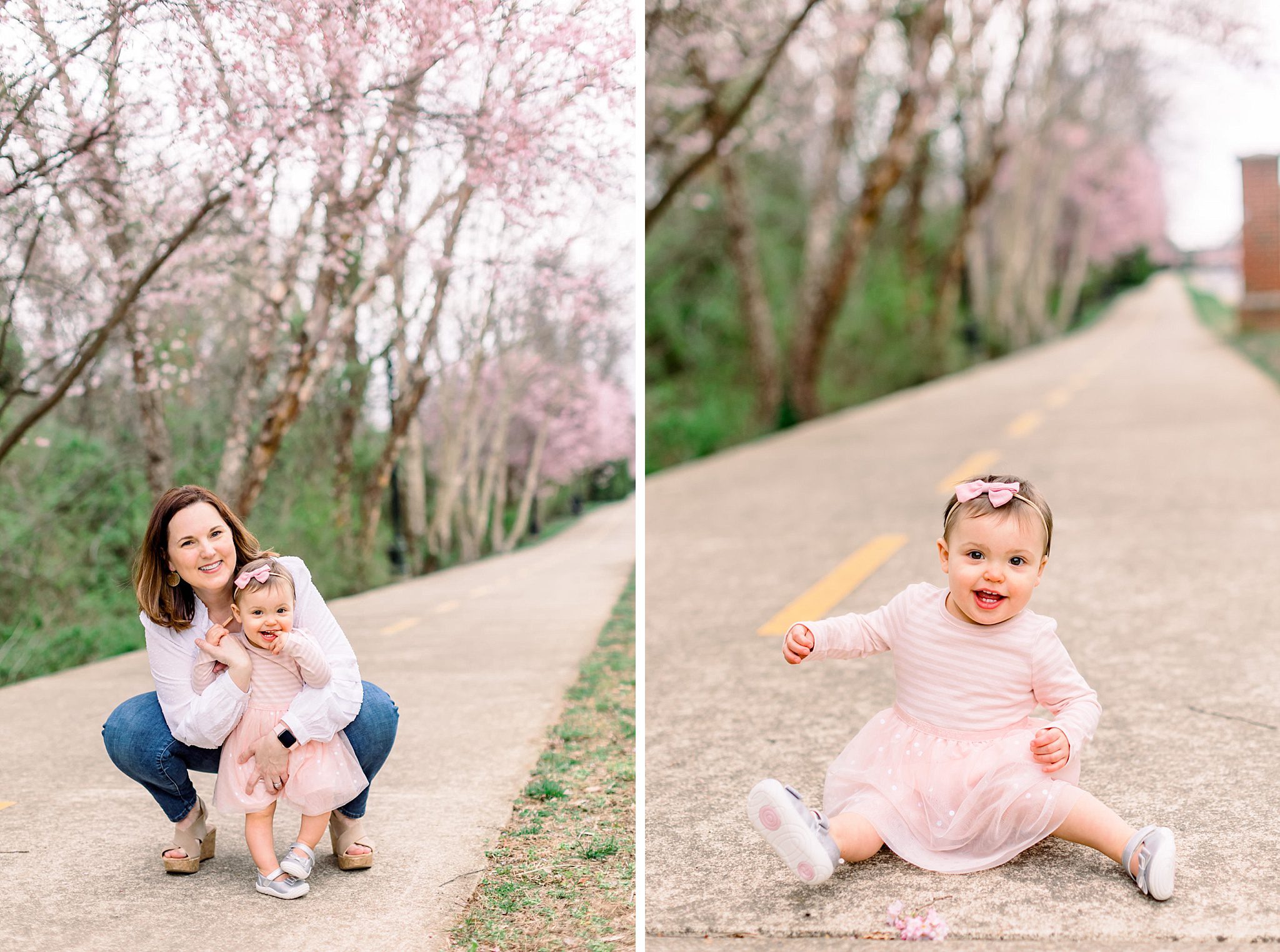 Spring Family Photo Outfits: A Complete Style Guide 13 Mother and child in coordinated blue spring outfits walking along a tree-lined path during spring family photos