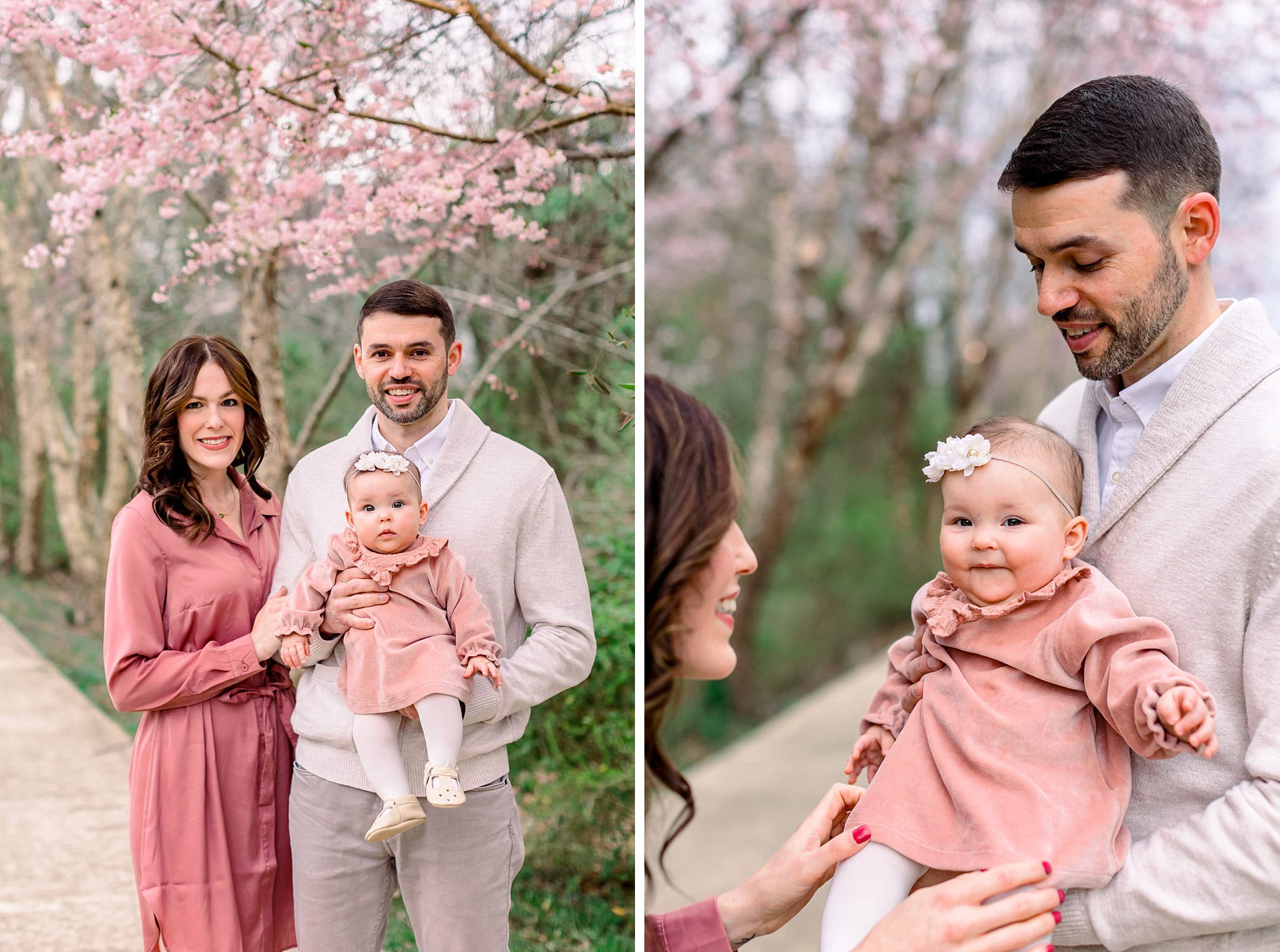 Spring Family Photo Outfits: A Complete Style Guide 10 Couple with young child in soft pink and floral spring family photo outfits standing amid cherry blossoms