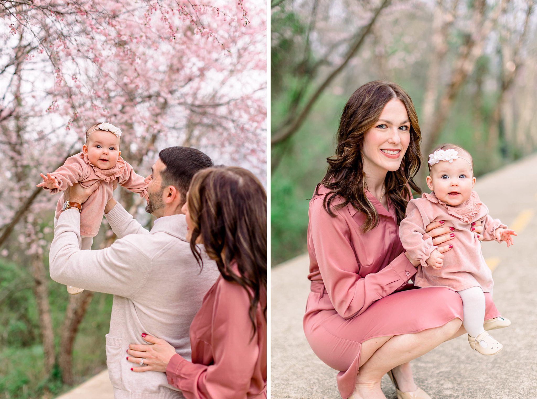 Spring Family Photo Outfits: A Complete Style Guide 3 Family in coordinated pink spring family photoshoot outfit ideas with dresses for mother and daughter