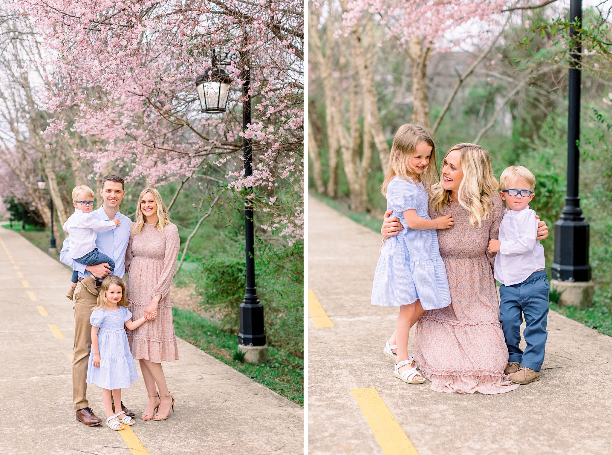 Spring Family Photo Outfits: A Complete Style Guide 9 Family in coordinated spring family photo outfits with father in light blue, mother in pink dress, daughter in blue dress and son in a white shirt and navy pants