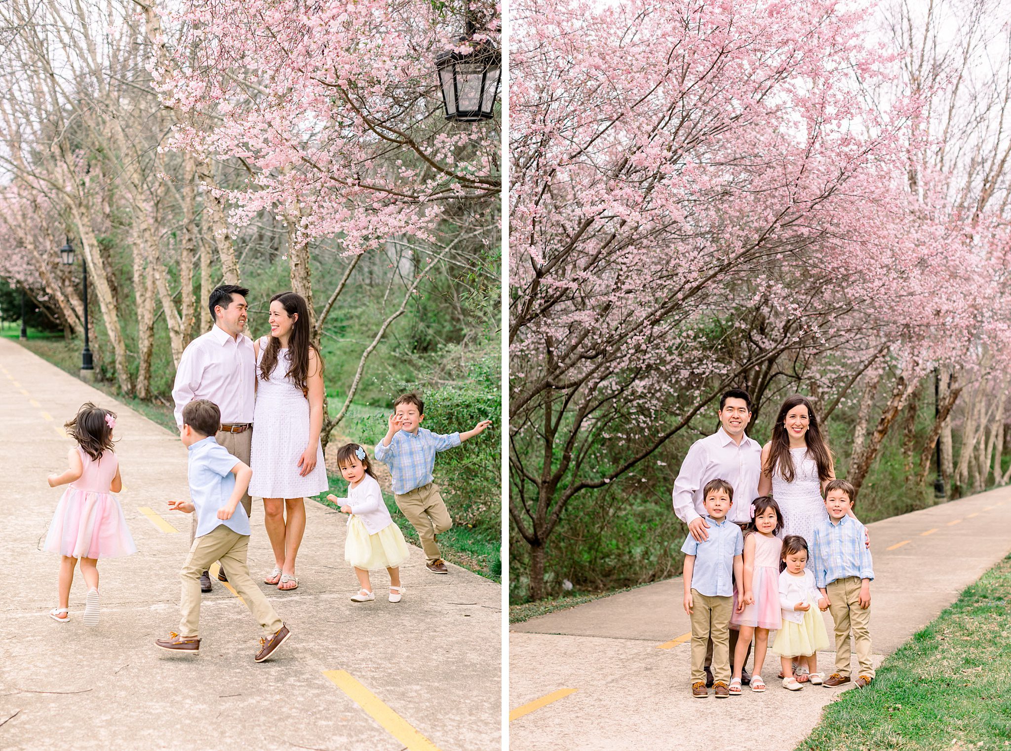 Spring Family Photo Outfits: A Complete Style Guide 2 Family in neutral spring colors walking through cherry blossom path showing practical spring family photoshoot outfit ideas