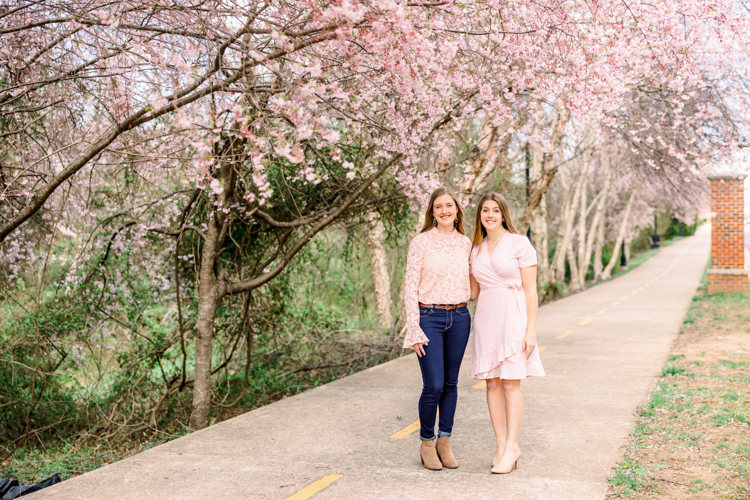 Spring Family Photo Outfits: A Complete Style Guide 6 Sisters in coordinated pastel spring outfits walking through flowering trees