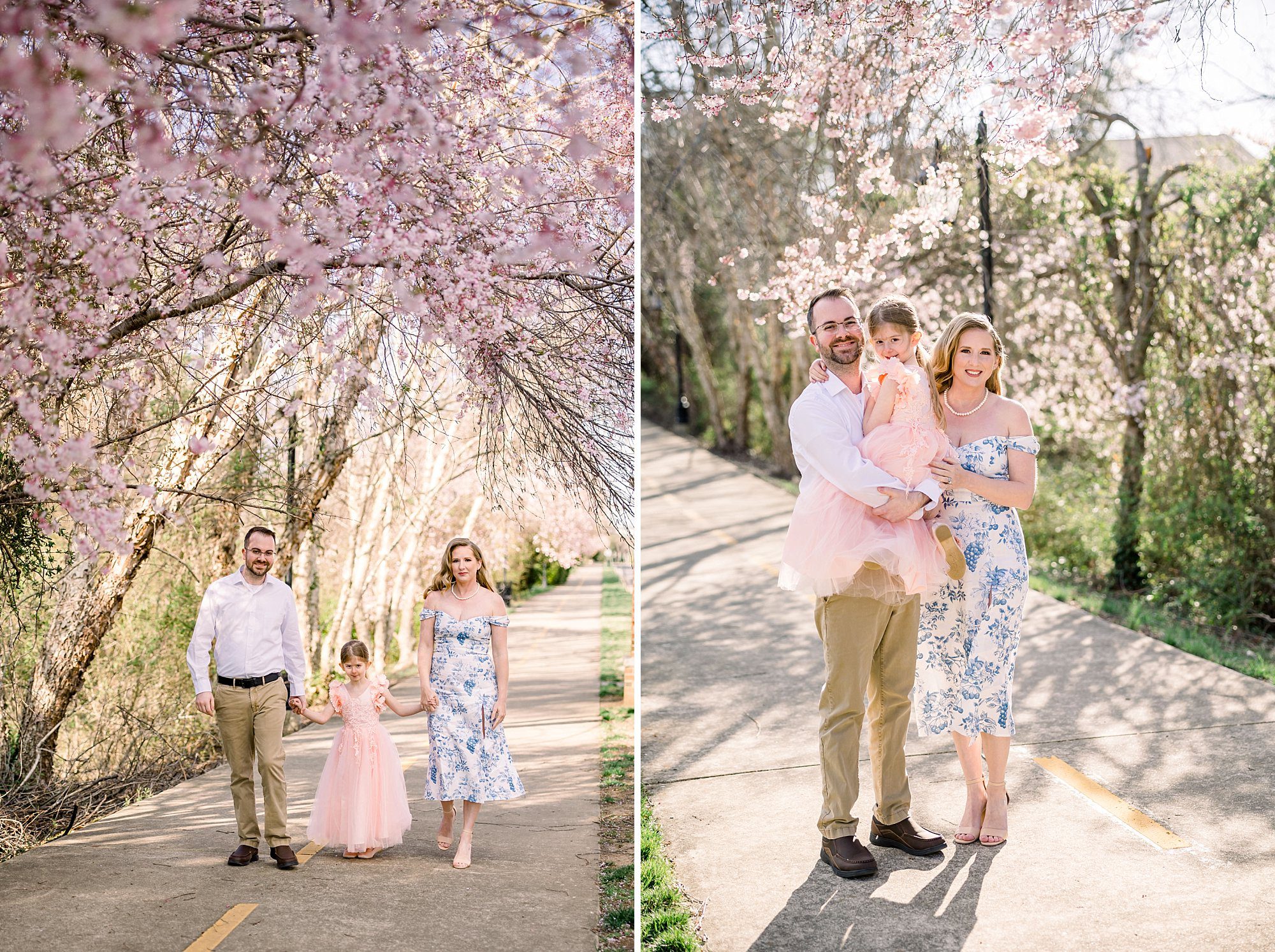 Spring Family Photo Outfits: A Complete Style Guide 14 Family with young child in coordinated neutral spring family photo outfits with soft pastels against flowering trees