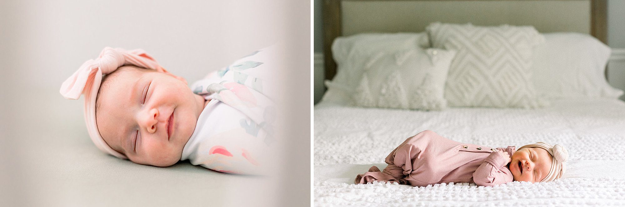The Top 5 Charlottesville Doulas for a Positive Birth Experience 5 two images Newborn baby girl lying on a soft blanket, smiling gently with her eyes closed and wearing a light pink outfit, and Close-up of a smiling newborn baby girl with bright eyes and a tiny bow headband, capturing a joyful early moment.