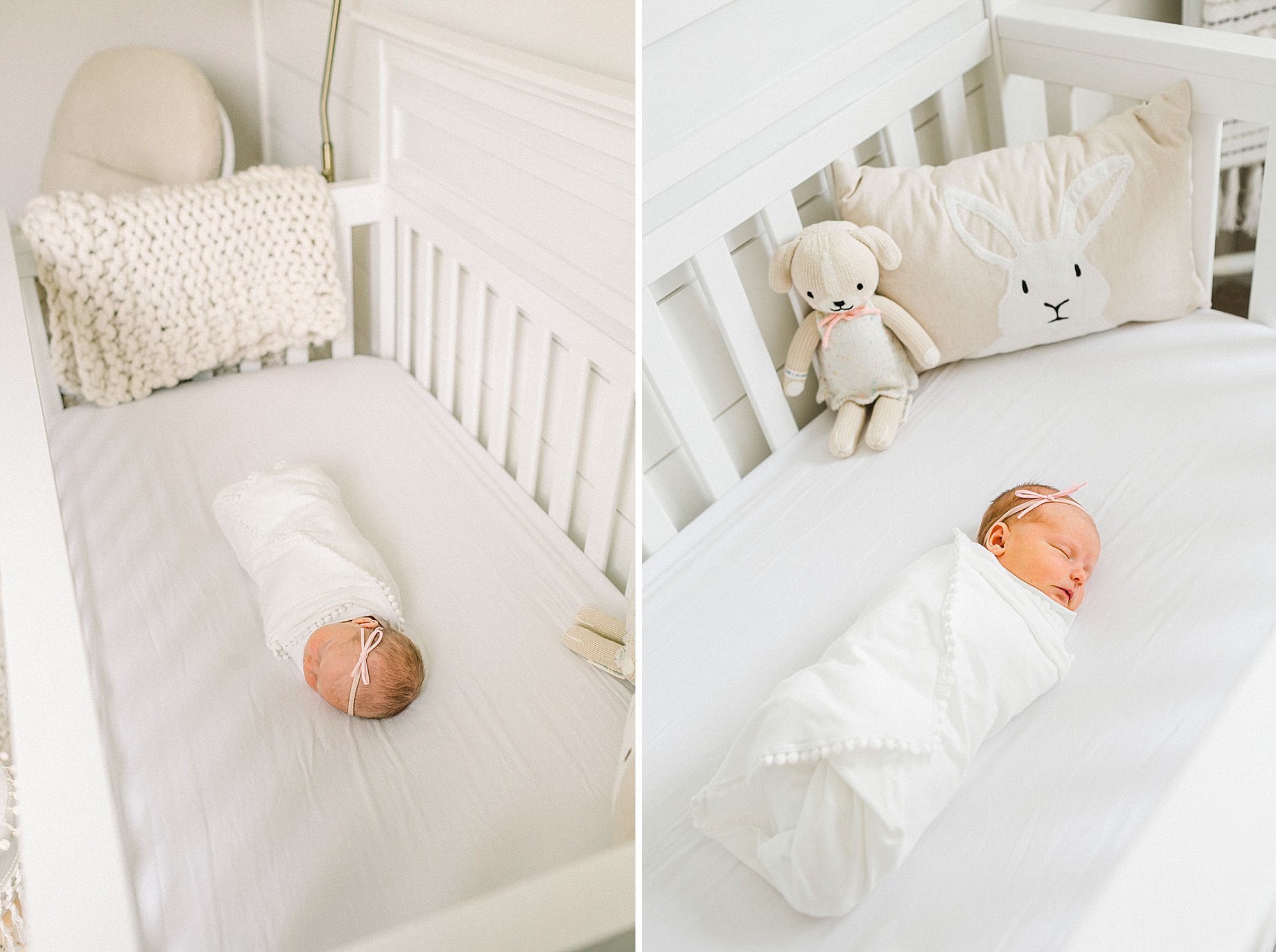 The Top 5 Charlottesville Doulas for a Positive Birth Experience 8 two images of a newborn baby girl swaddled in white blanket while laying in her white crib.