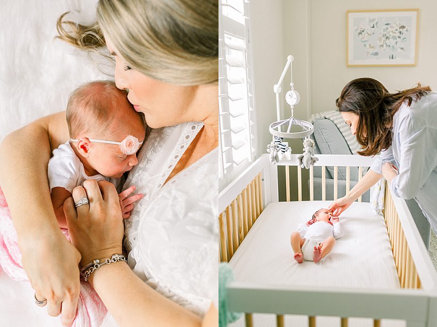 Why Motherhood Photography is So Important 4 Two side-by-side images from lifestyle newborn sessions featuring new moms—one showing a mom holding her newborn close to her chest, and the other capturing a mom lovingly gazing at her newborn resting in their crib, both moments full of tenderness and connection