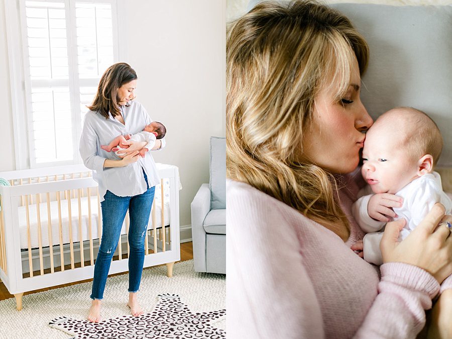 Why Motherhood Photography is So Important 8 Two side-by-side images of a mom with her newborn—one showing the mom standing in the nursery, gently holding her newborn, and the other capturing a tender moment of the mom lying next to her baby, planting a kiss on their forehead