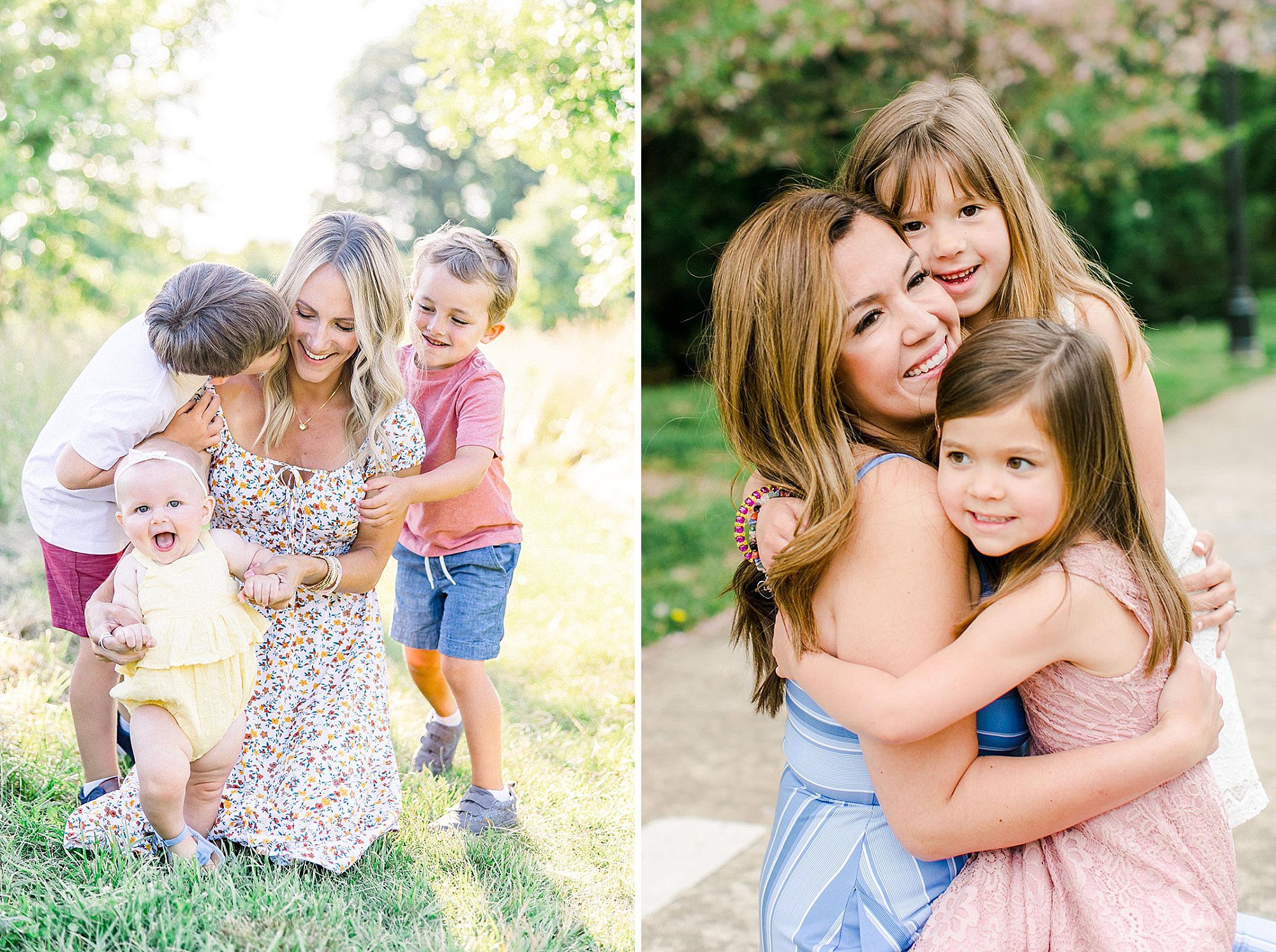 Why Motherhood Photography is So Important 3 Two side-by-side images of moms with their children—one showing a mom surrounded by her three children, all smiling together, and the other capturing a mom with her two daughters, sharing a joyful moment as they gather close around her.