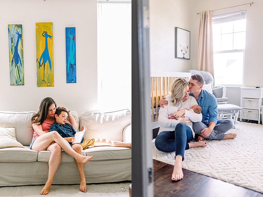 Why Motherhood Photography is So Important 5 Two side-by-side images—one showing a mom sitting on a couch with her son, sharing a tender moment, and the other capturing a husband and wife sitting on the floor of their nursery, lovingly holding their newborn baby together.