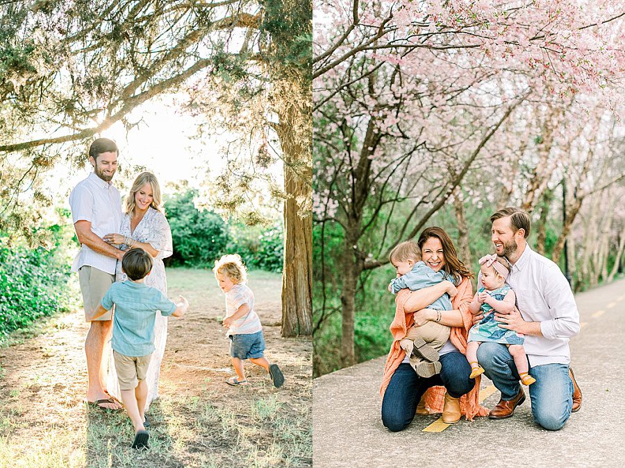 Why Motherhood Photography is So Important 7 Two side-by-side outdoor images—one showing a family of four, with a pregnant mom and dad standing while their children run around them in an open field, and the other capturing mom and dad kneeling and hugging their children in a warm, loving embrace.