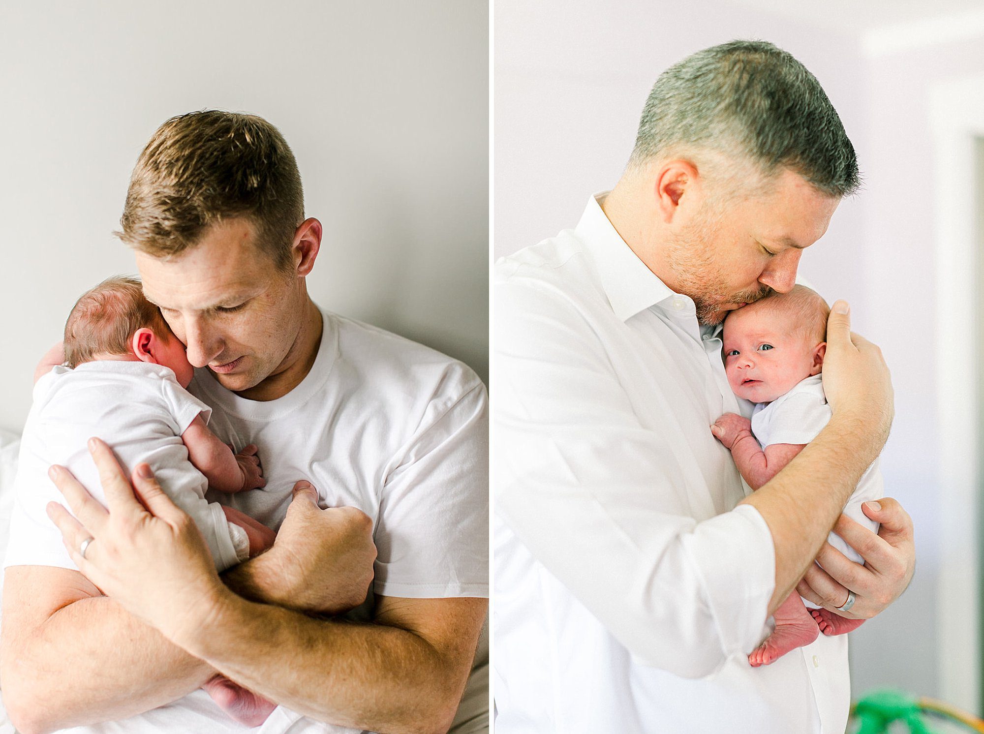 5 Must-Have Photos for Your Newborn Session 6 Two side-by-side images of dads holding their newborn babies to their chests—each father gently cradling their baby close, creating a tender, heartwarming moment of connection and protection during their newborn session