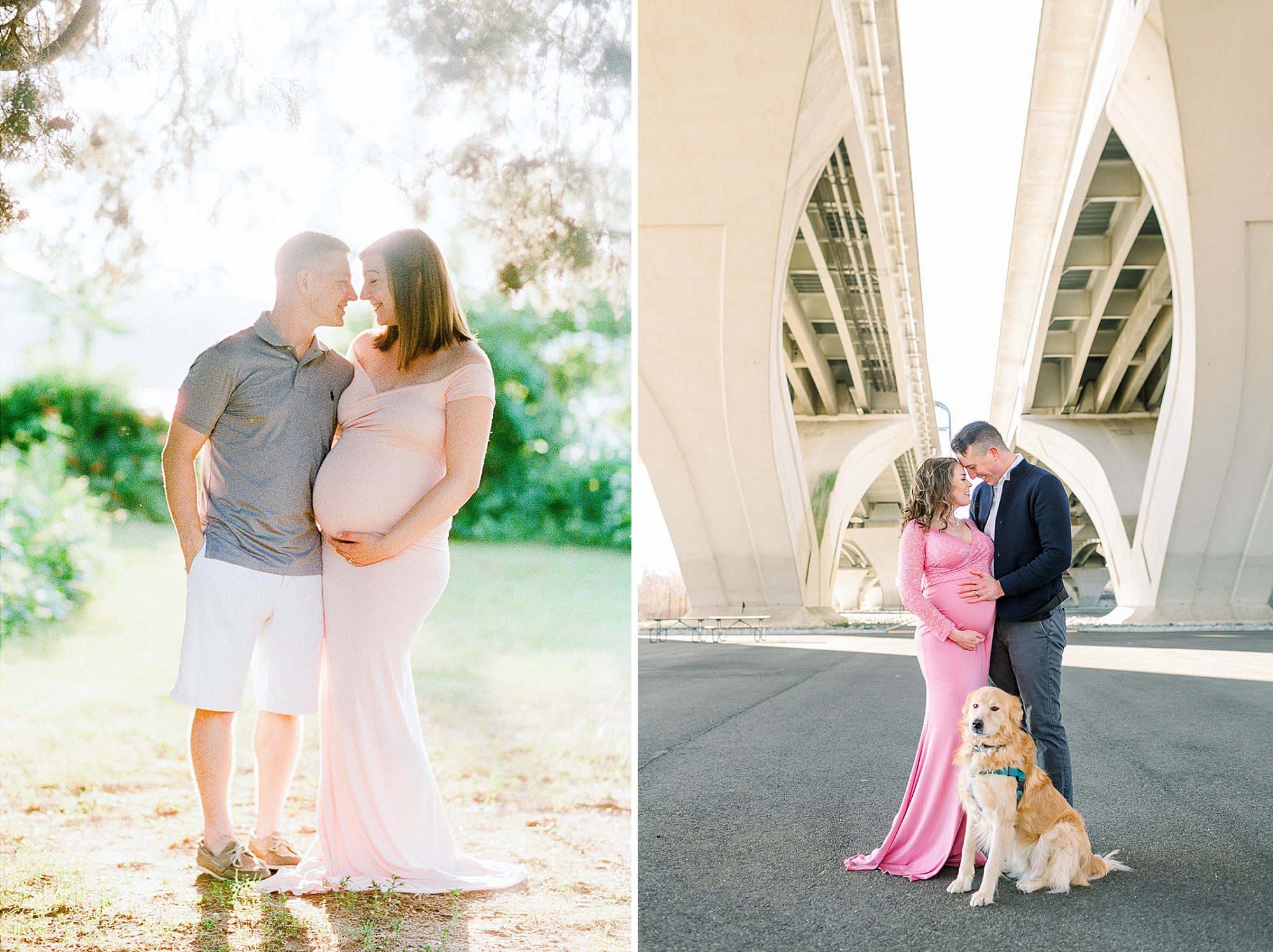 How a Richmond VA Fertility Clinic Can Help Your Pregnancy! 6 a husband and his pregnant wife stand facing each other smiling with warm light behind them. A husband and wife standing under and overpass, pregnant wife in a beautiful pink dress
