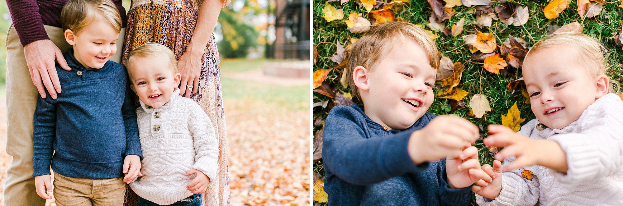Beautiful fall sibling portraits in Charlottesville showing two young brothers bonding and laughing while surrounded by vibrant autumn foliage
