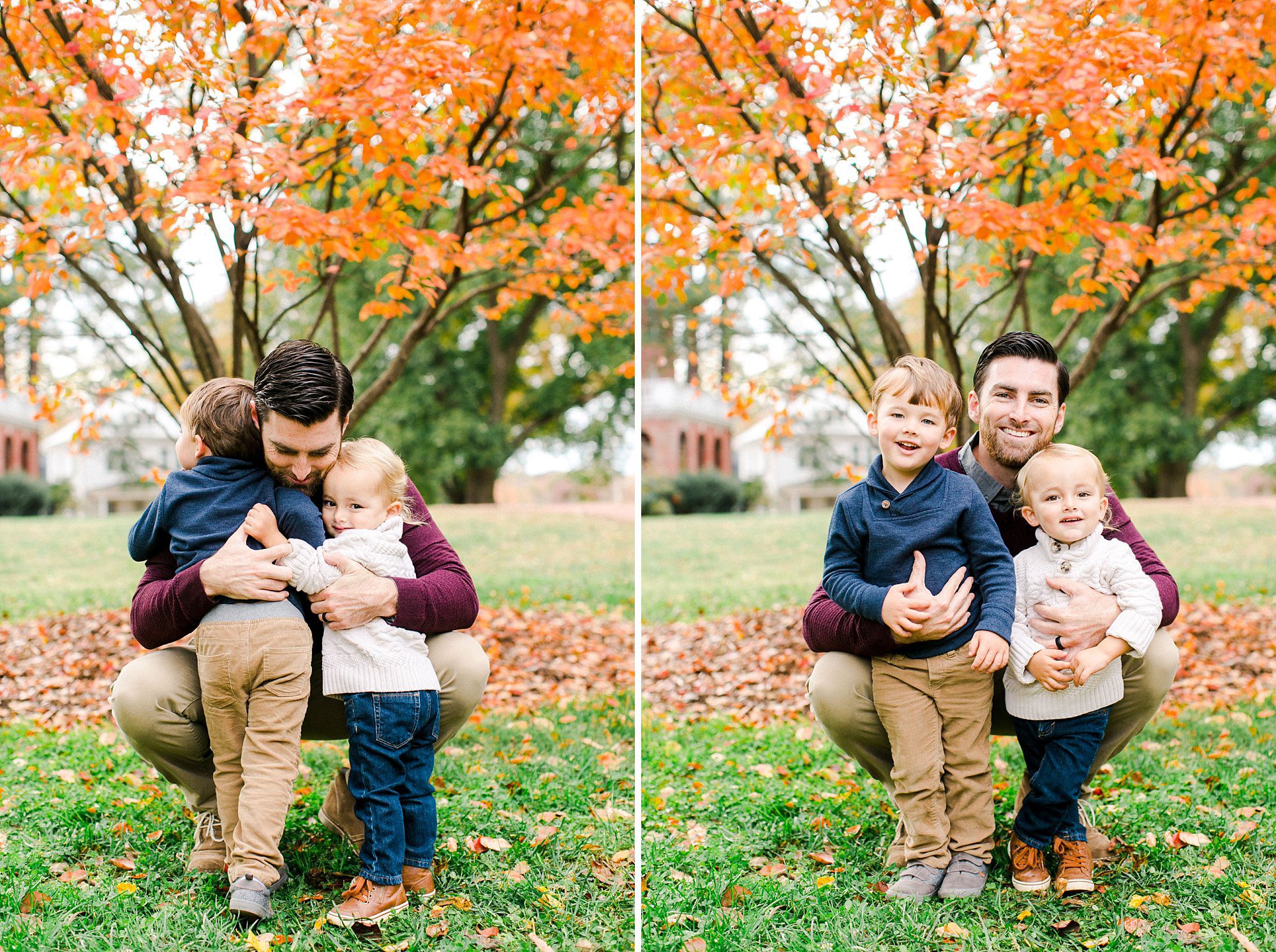 Charlottesville fall family portraits featuring father embracing his two young sons under stunning orange autumn tree during outdoor photography session