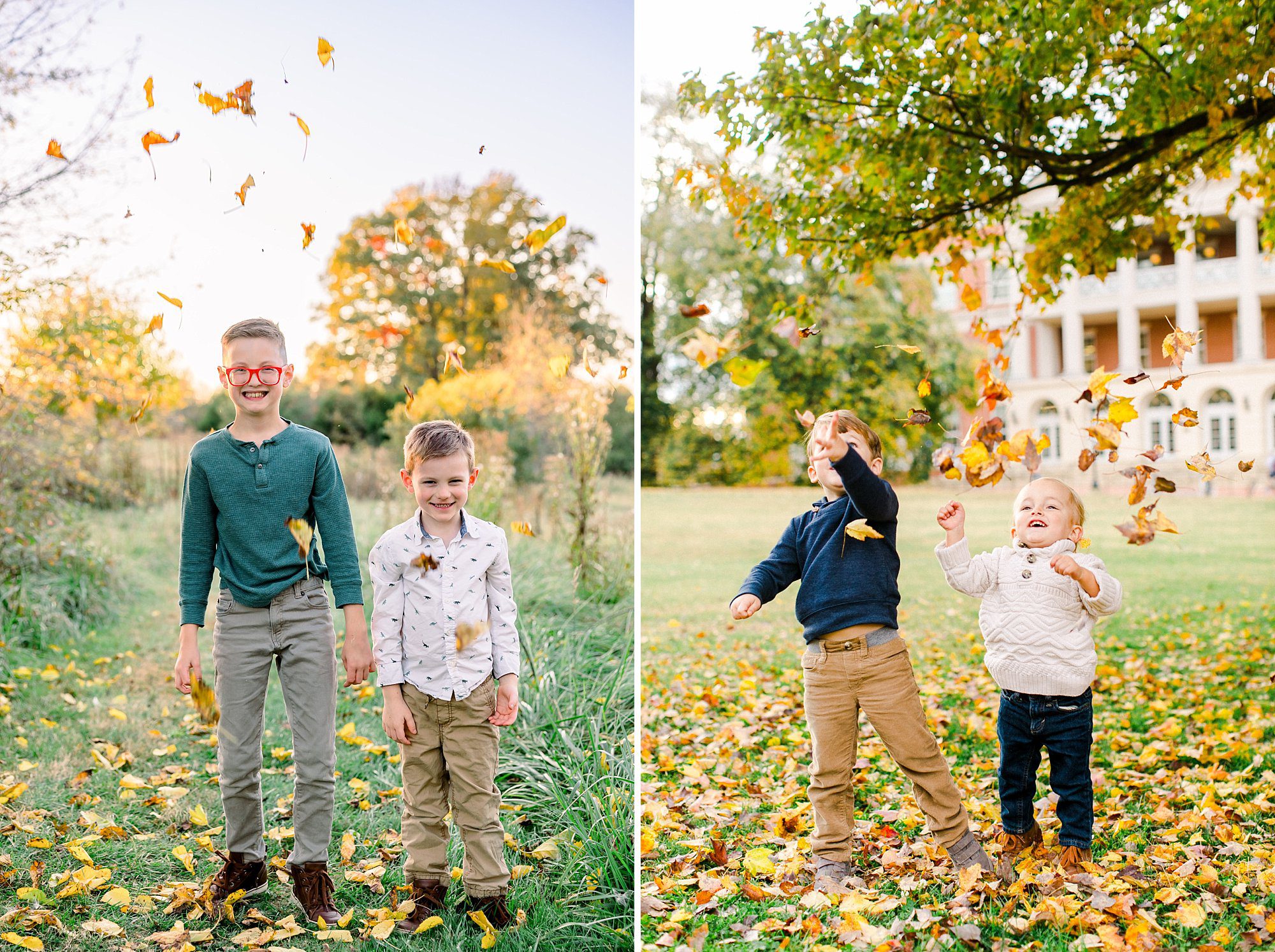 Joyful fall sibling portraits in Charlottesville showing boys laughing and tossing colorful autumn leaves in the air during family photo session