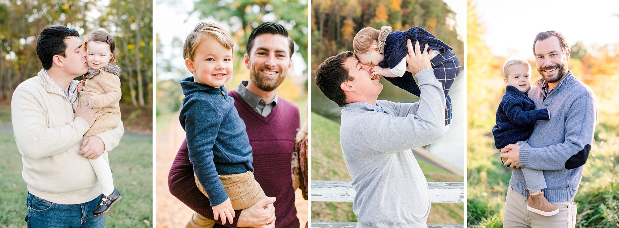 Charlottesville fall family portraits showcasing fathers with children in heartwarming daddy and me moments during outdoor autumn photography sessions