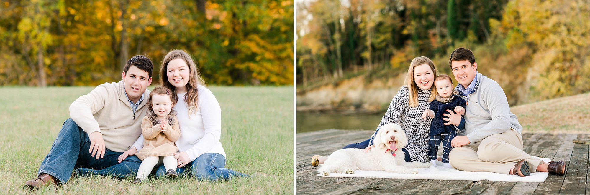 Outdoor family portrait sessions in Charlottesville featuring families with young children and beloved family dog during golden hour
