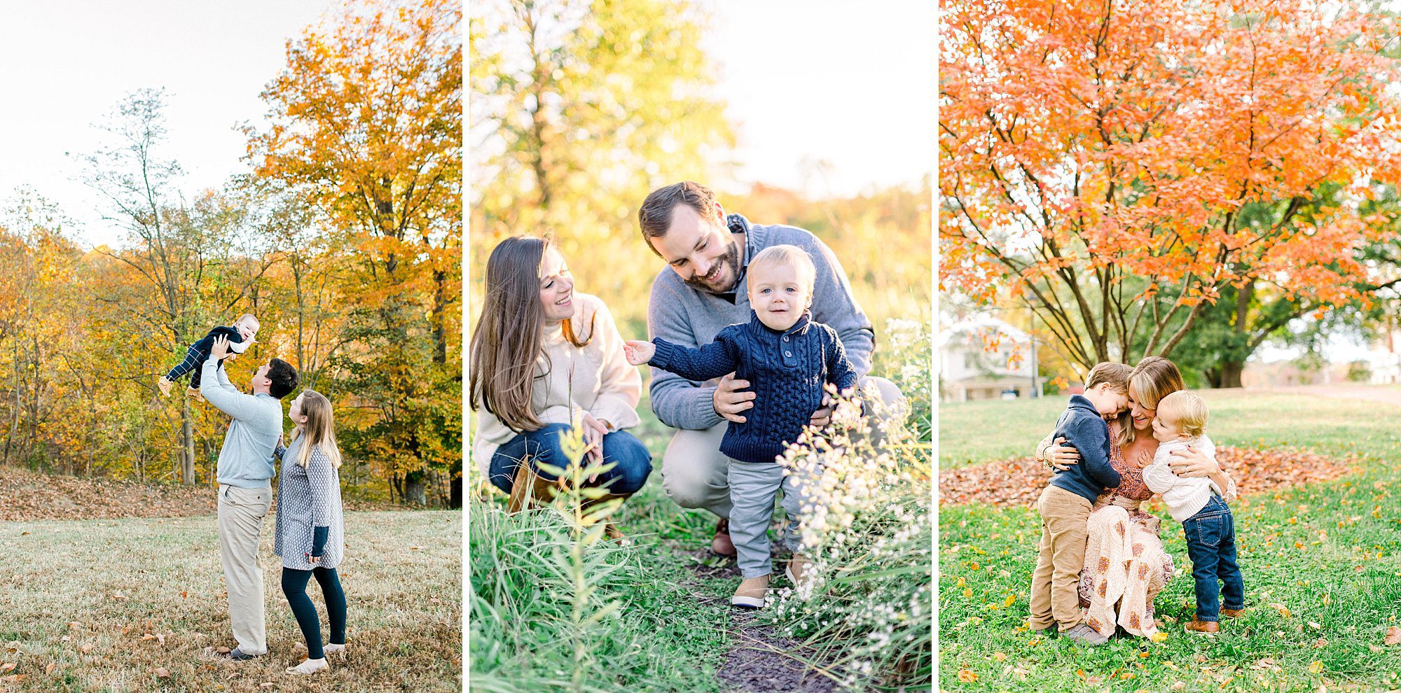Charlottesville fall family portraits featuring happy family of four surrounded by vibrant autumn leaves and golden hour lighting