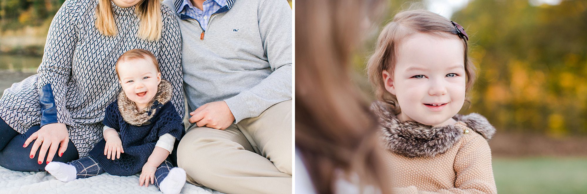 Outdoor family portrait session in Charlottesville featuring parents holding happy baby alongside portrait of smiling toddler in fall outfit