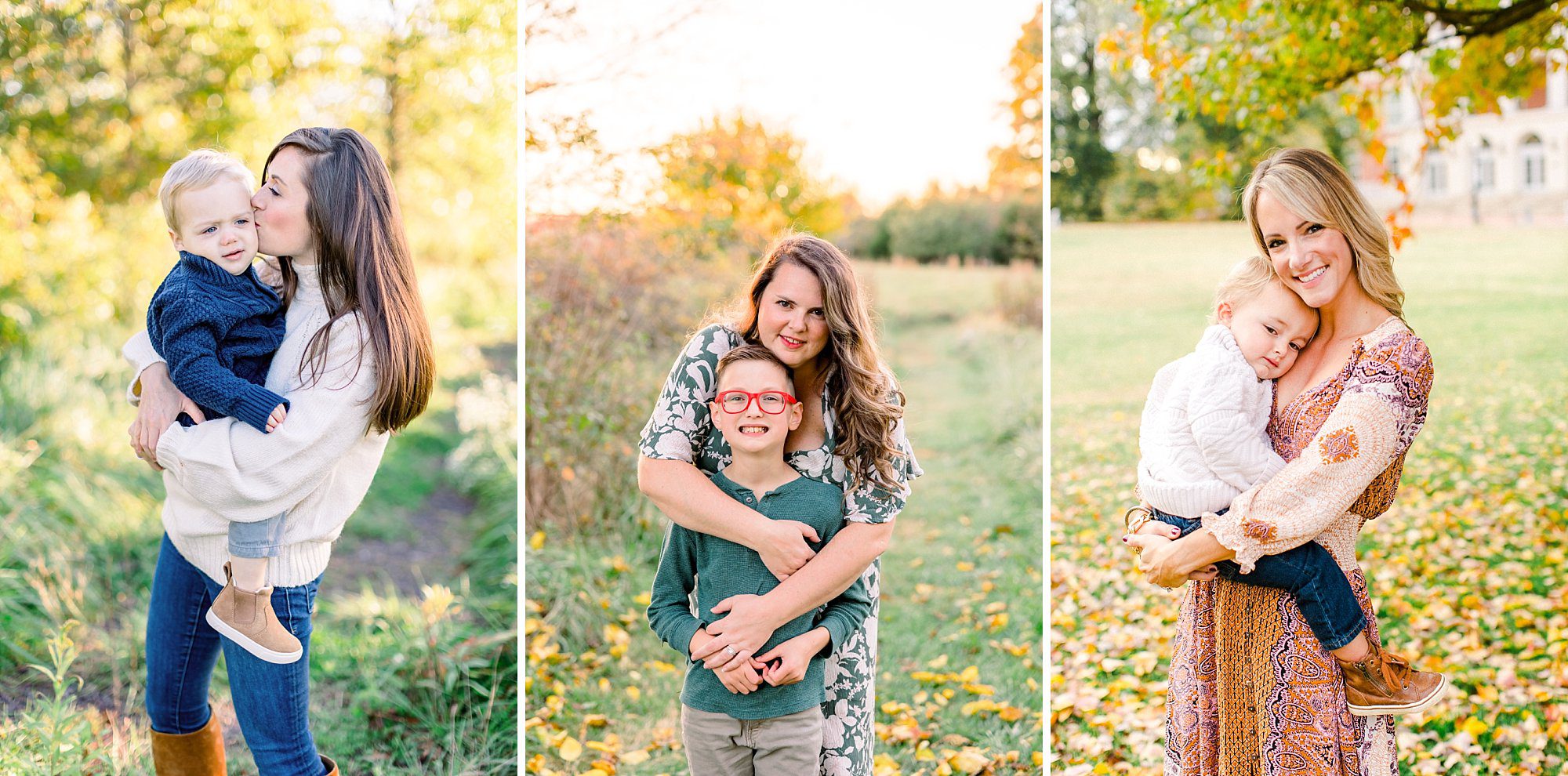 Charlottesville fall family portraits featuring three families with mom and child in golden hour lighting surrounded by beautiful autumn foliage