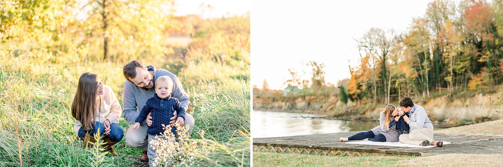 Outdoor Charlottesville family portraits captured during peak fall foliage season with warm golden lighting